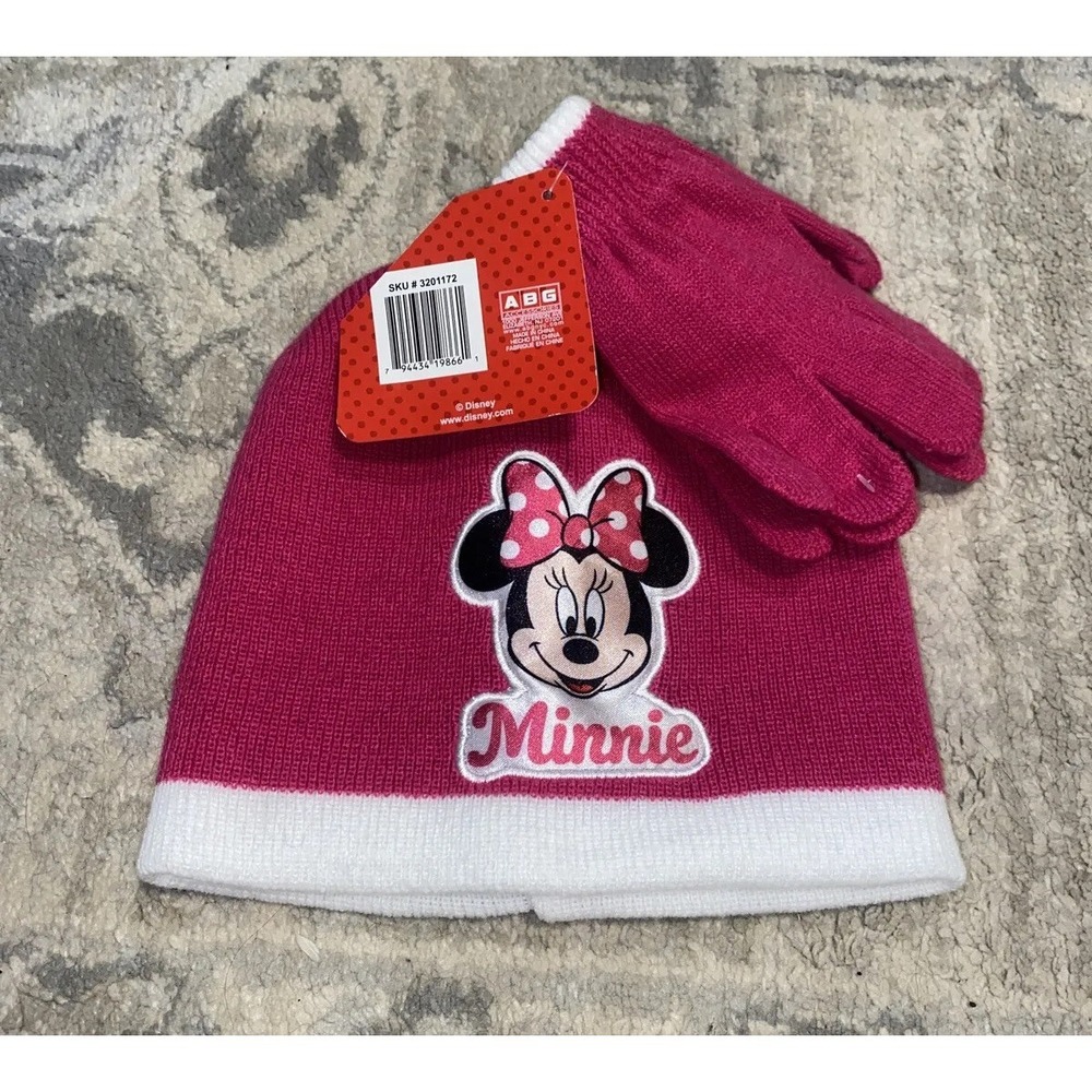 New Disney Minnie Mouse‎ Beanie Hat & Gloves Set Youth Girls Winter Pink Multi